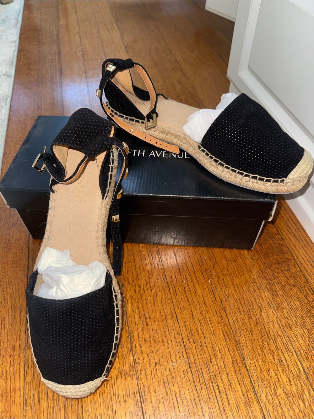 Saks Fifth Avenue Black Suede Espadrille Ankle-Strap Flats